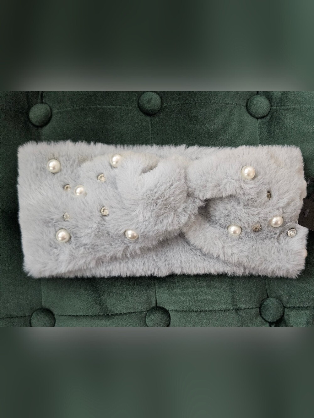Faux Fur Pearl & Crystal Embellished Headband - Light Gray